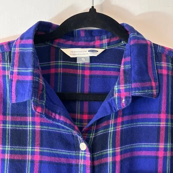 Old Navy The Boyfriend Shirt XL blue & pink plaid soft flannel cotton 1 pocket b - Picture 3 of 9